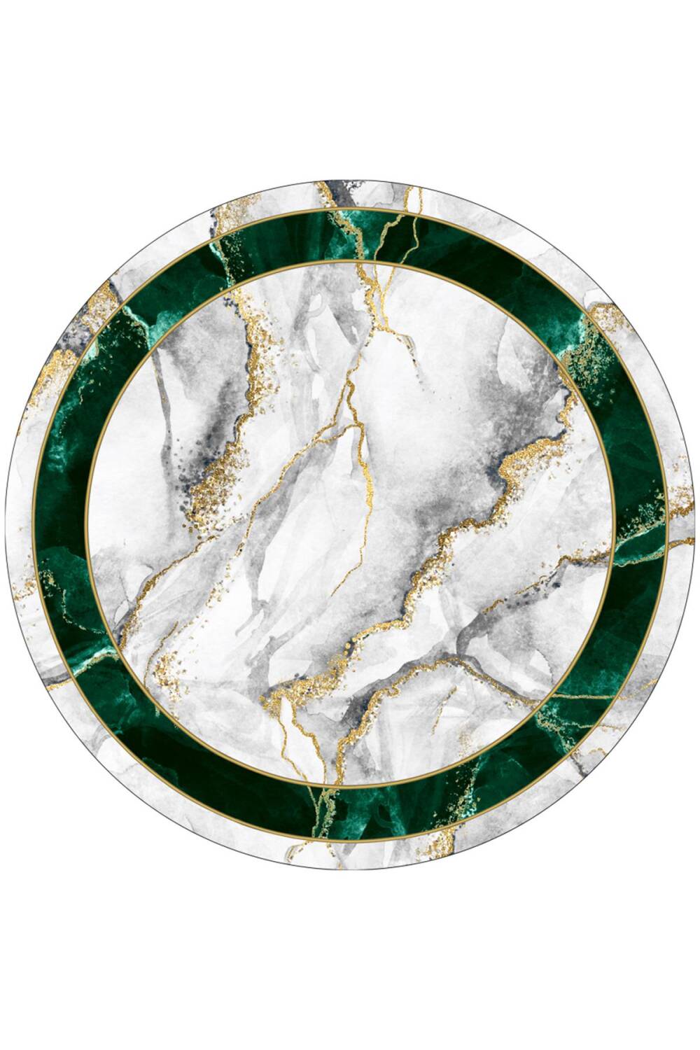 Frenda Home Çerçeveli Mermer Desen Kaymaz Deri Taban Dekoratif Yuvarlak Halı Yeşil - 1
