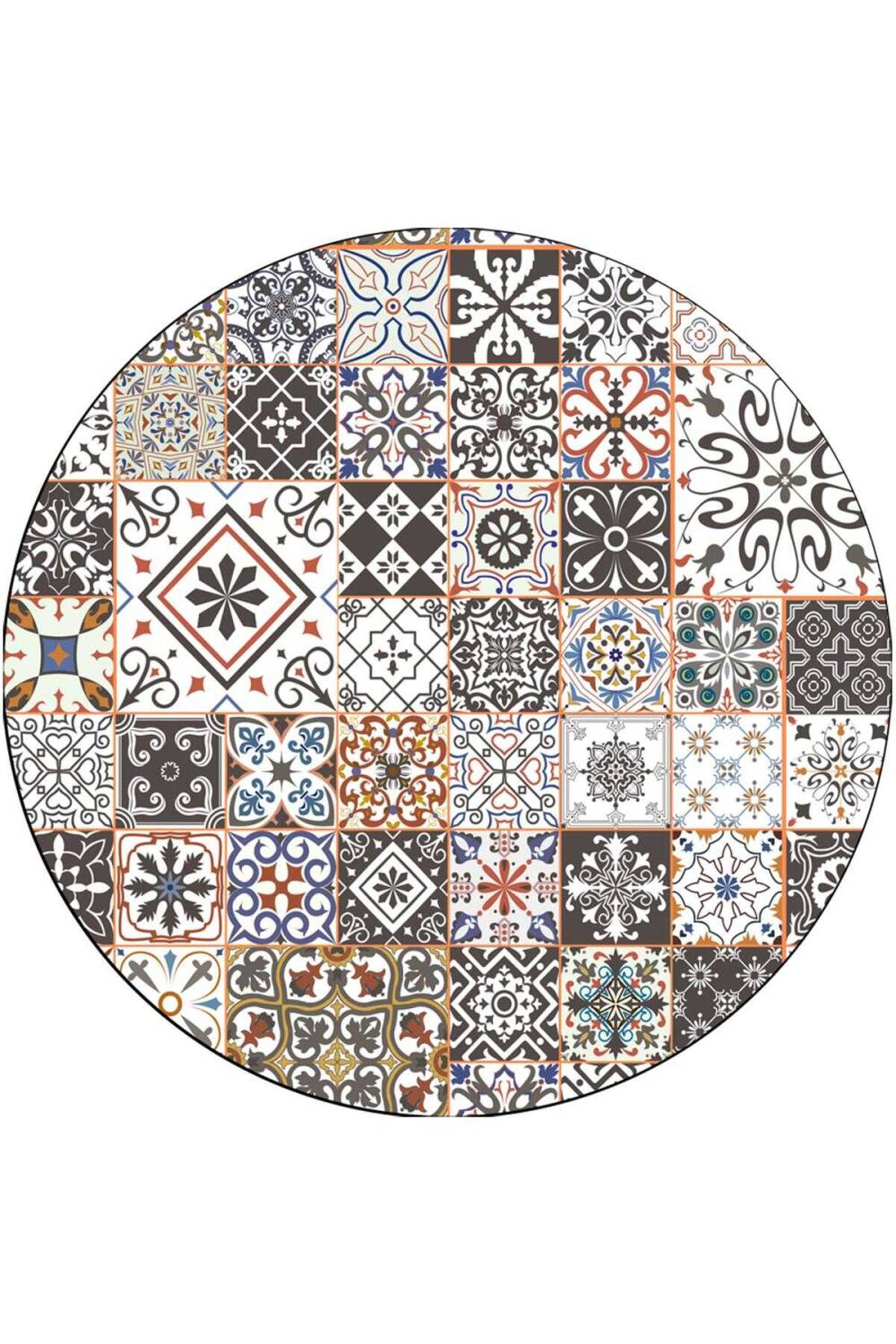 Frenda Home Çini Desen Kaymaz Deri Taban Yıkanabilir Yuvarlak Halı Gri - 1