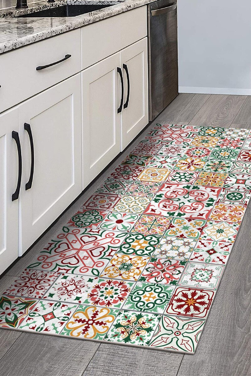 Frenda Home Çini Desenli Kaymaz Deri Taban Yıkanabilir Halı - 3