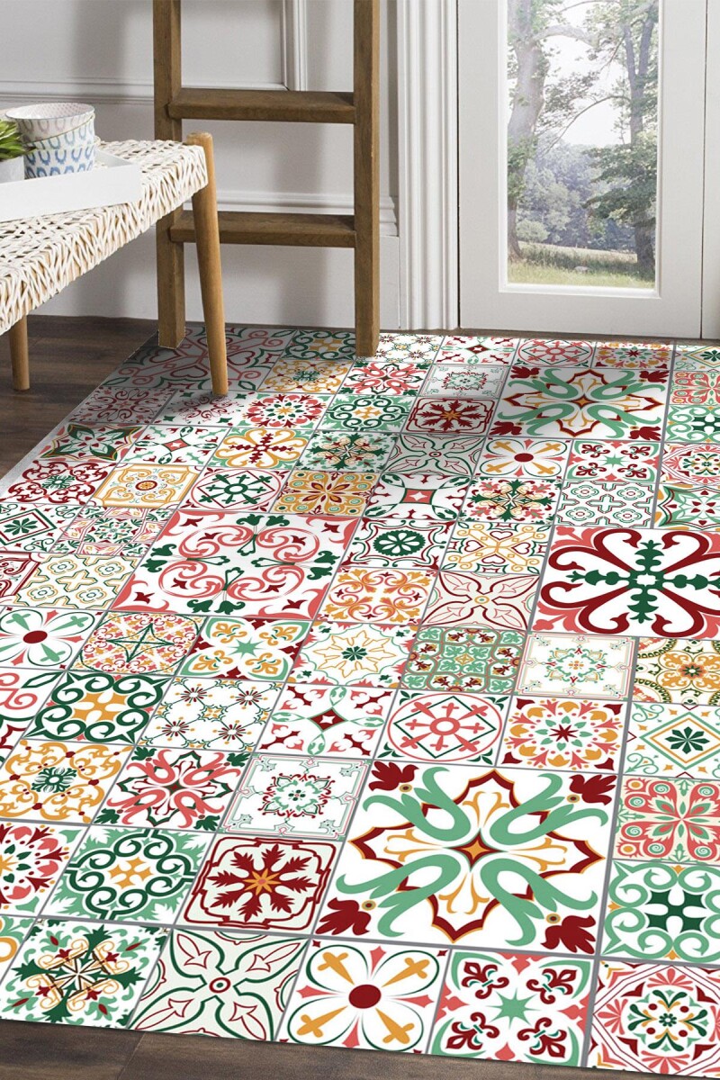 Frenda Home Çini Desenli Kaymaz Deri Taban Yıkanabilir Halı Kırmızı - Frenda