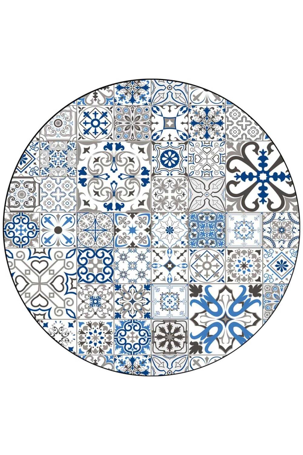 Frenda Home Çini Desenli Kaymaz Taban Yıkanabilir Yuvarlak Halı Mavi - 1