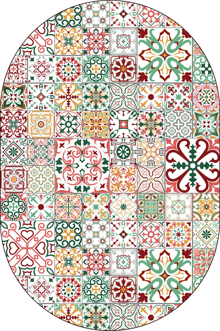 Frenda Home Çini Desenli Pamuk Taban Yıkanabilir Baskılı Oval Halı Kırmızı - Frenda