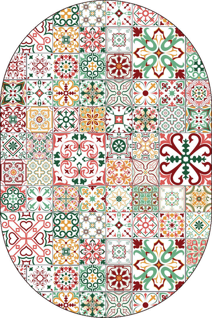 Frenda Home Çini Desenli Pamuk Taban Yıkanabilir Baskılı Oval Halı Kırmızı - 1