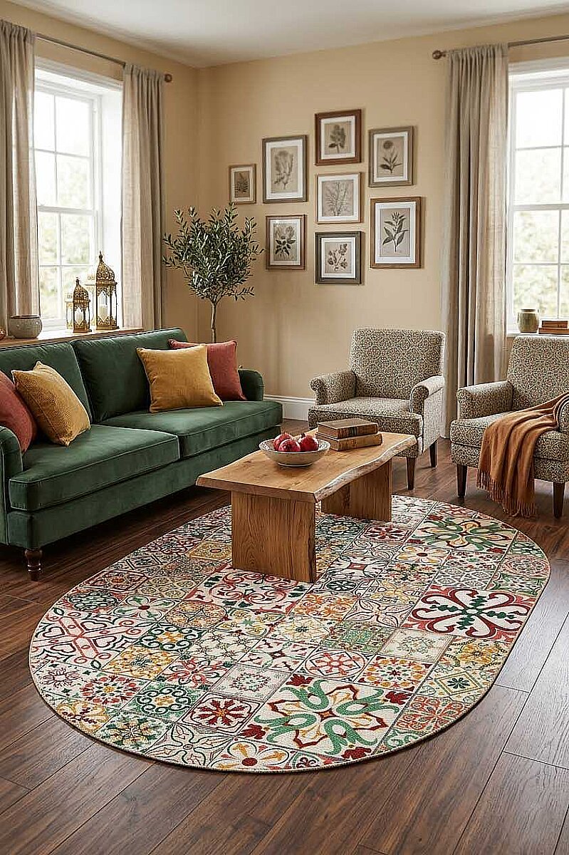 Frenda Home Çini Desenli Pamuk Taban Yıkanabilir Baskılı Oval Halı Kırmızı 