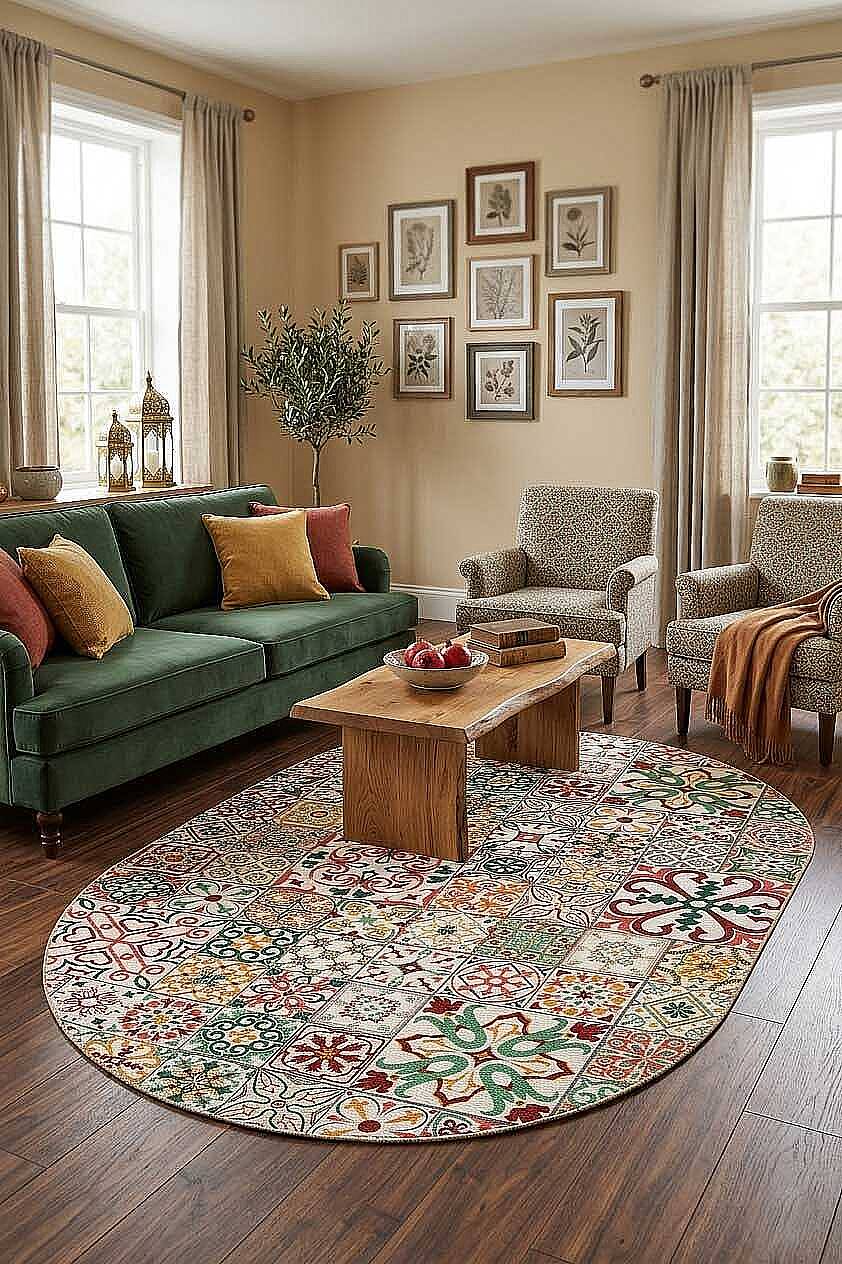 Frenda Home Çini Desenli Pamuk Taban Yıkanabilir Baskılı Oval Halı Kırmızı - 1