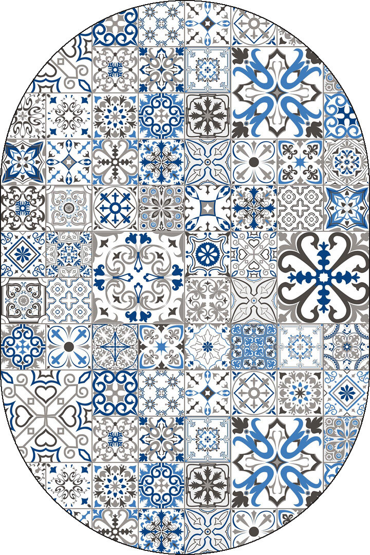 Frenda Home Çini Desenli Pamuk Taban Yıkanabilir Baskılı Oval Halı Mavi - Frenda