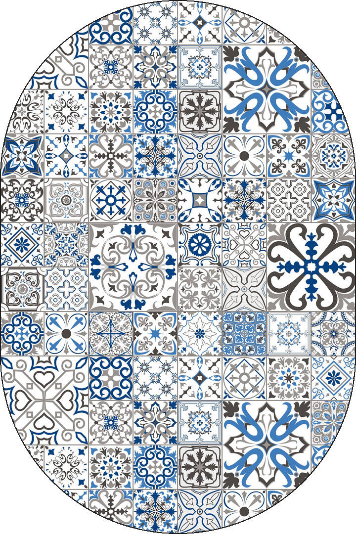 Frenda Home Çini Desenli Pamuk Taban Yıkanabilir Baskılı Oval Halı Mavi - 1