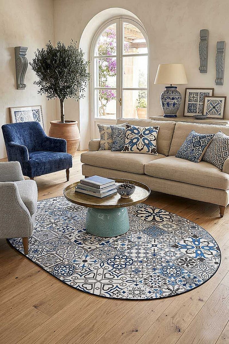Frenda Home Çini Desenli Pamuk Taban Yıkanabilir Baskılı Oval Halı Mavi 