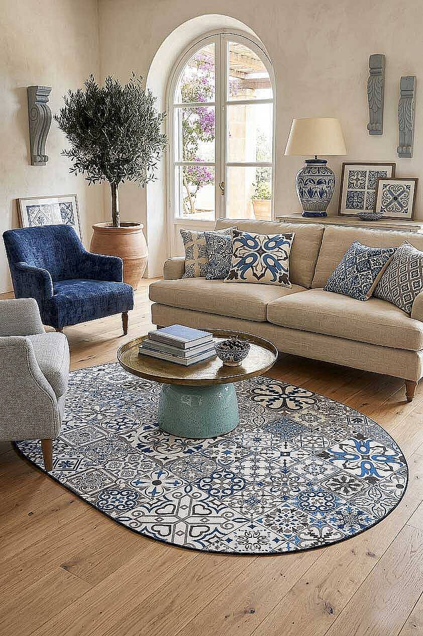 Frenda Home Çini Desenli Pamuk Taban Yıkanabilir Baskılı Oval Halı Mavi - 1