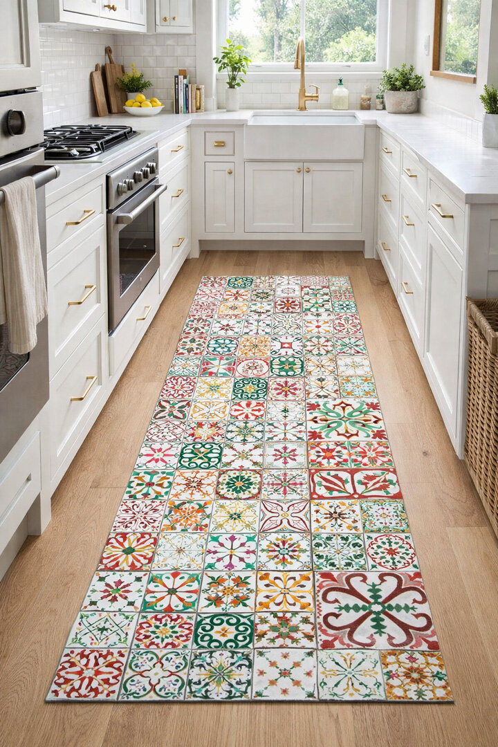 Frenda Home Çini Desenli Pamuk Taban Yıkanabilir Baskılı Yolluk Halı Kırmızı - Frenda