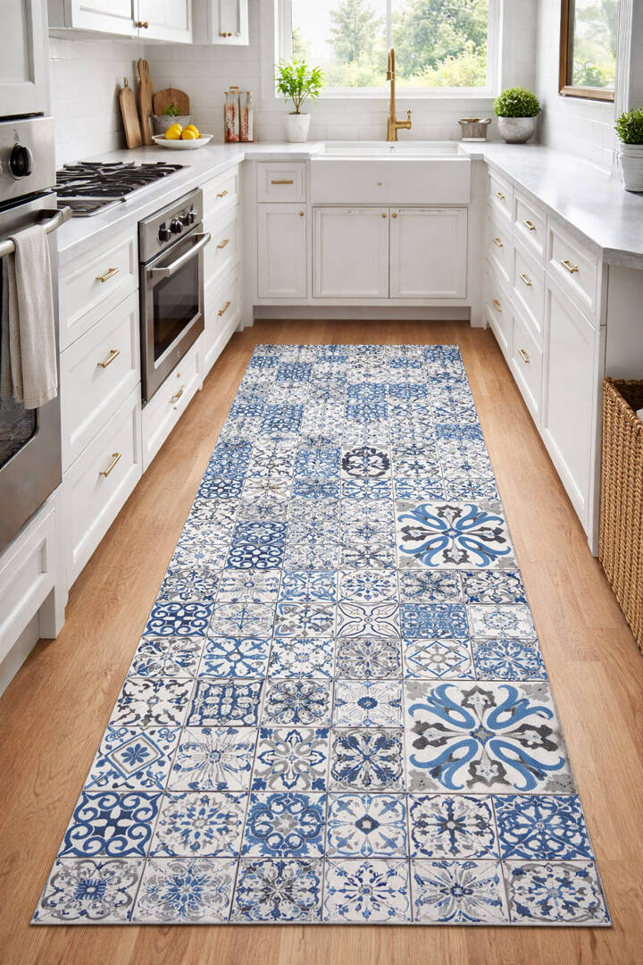 Frenda Home Çini Desenli Pamuk Taban Yıkanabilir Baskılı Yolluk Halı Mavi - 1