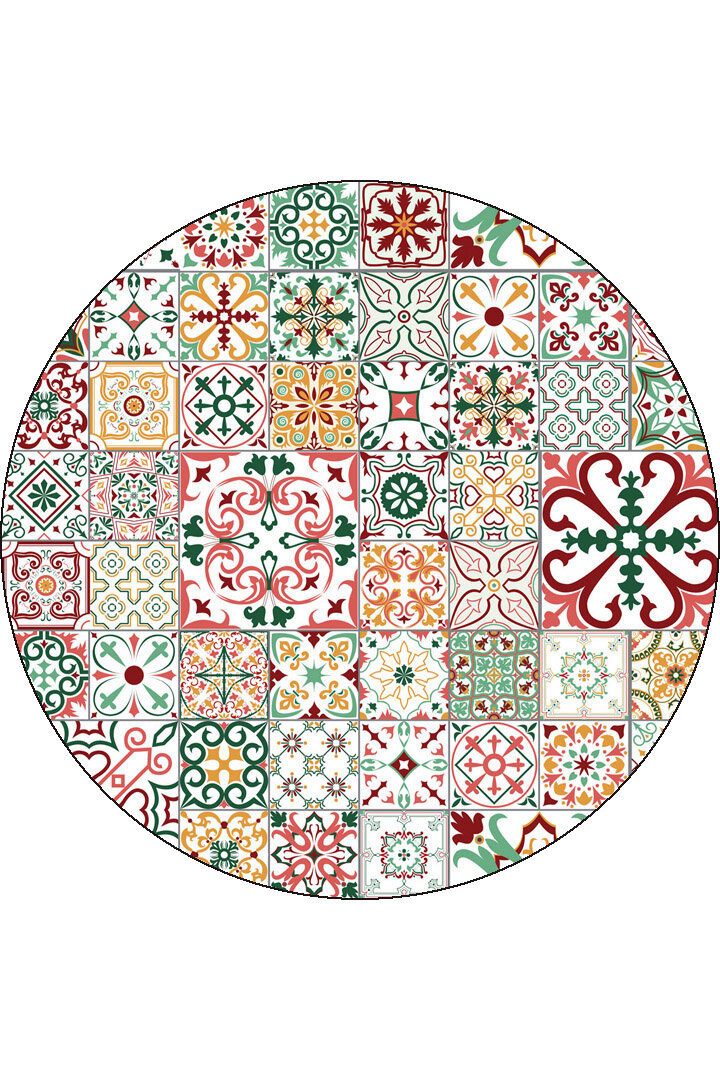 Frenda Home Çini Desenli Pamuk Taban Yıkanabilir Baskılı Yuvarlak Halı Kırmızı - Frenda