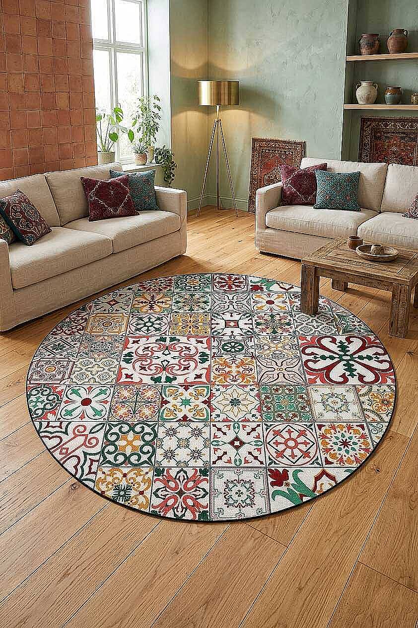 Frenda Home Çini Desenli Pamuk Taban Yıkanabilir Baskılı Yuvarlak Halı Kırmızı - 1