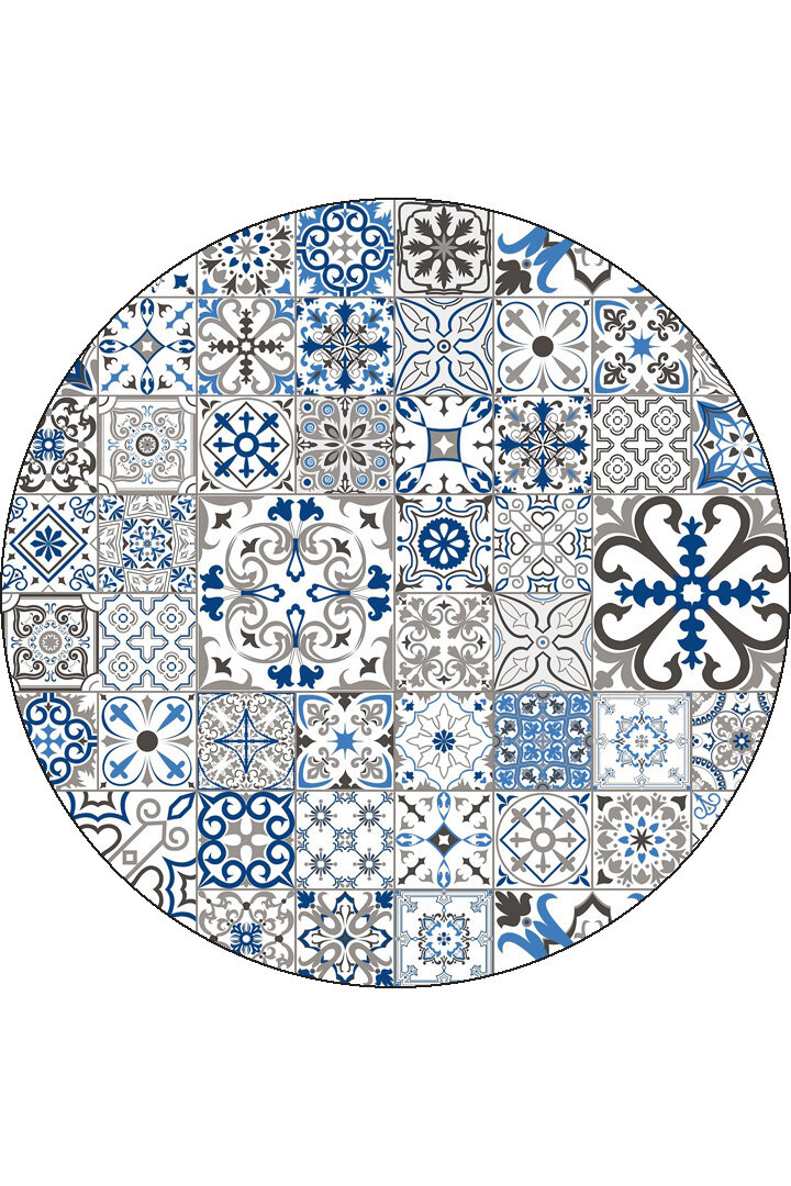 Frenda Home Çini Desenli Pamuk Taban Yıkanabilir Baskılı Yuvarlak Halı Mavi - Frenda