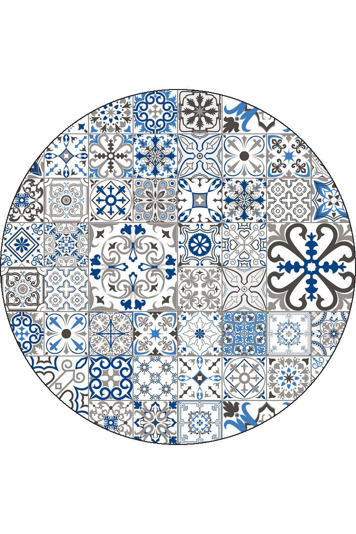 Frenda Home Çini Desenli Pamuk Taban Yıkanabilir Baskılı Yuvarlak Halı Mavi - 1