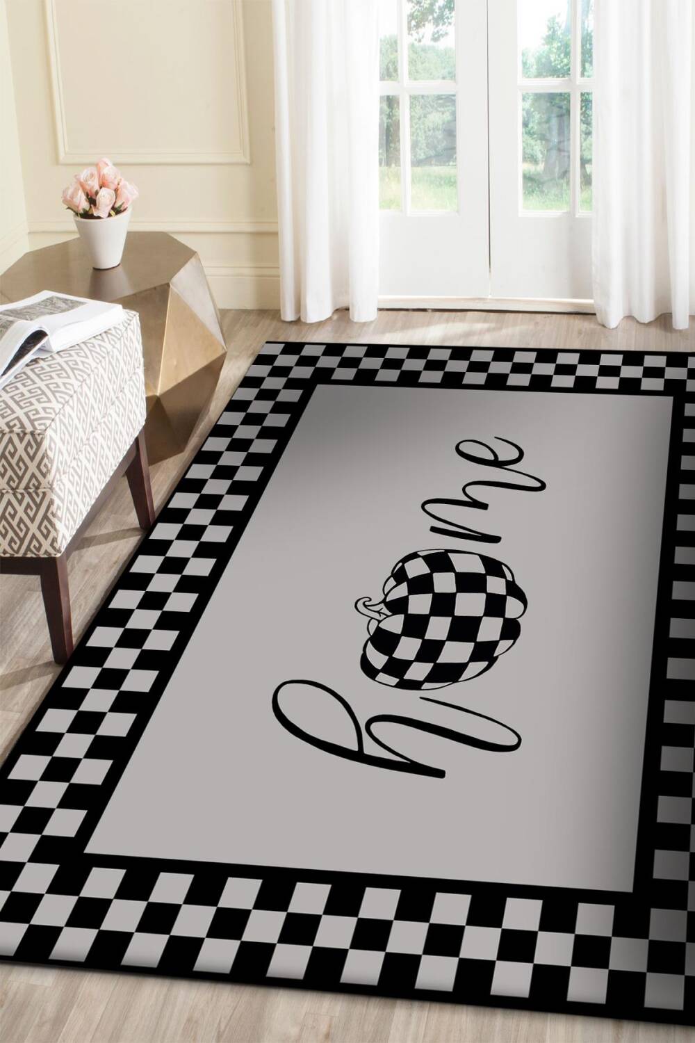 Frenda Home Dekoratif Home Desen Yıkanabilir Pamuk Taban Baskılı Halı Gri - 1