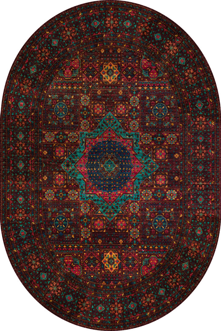 Frenda Home Fas Kapısı Desenli Yıkanabilir Pamuk Taban Oval Halı Kahve - Frenda