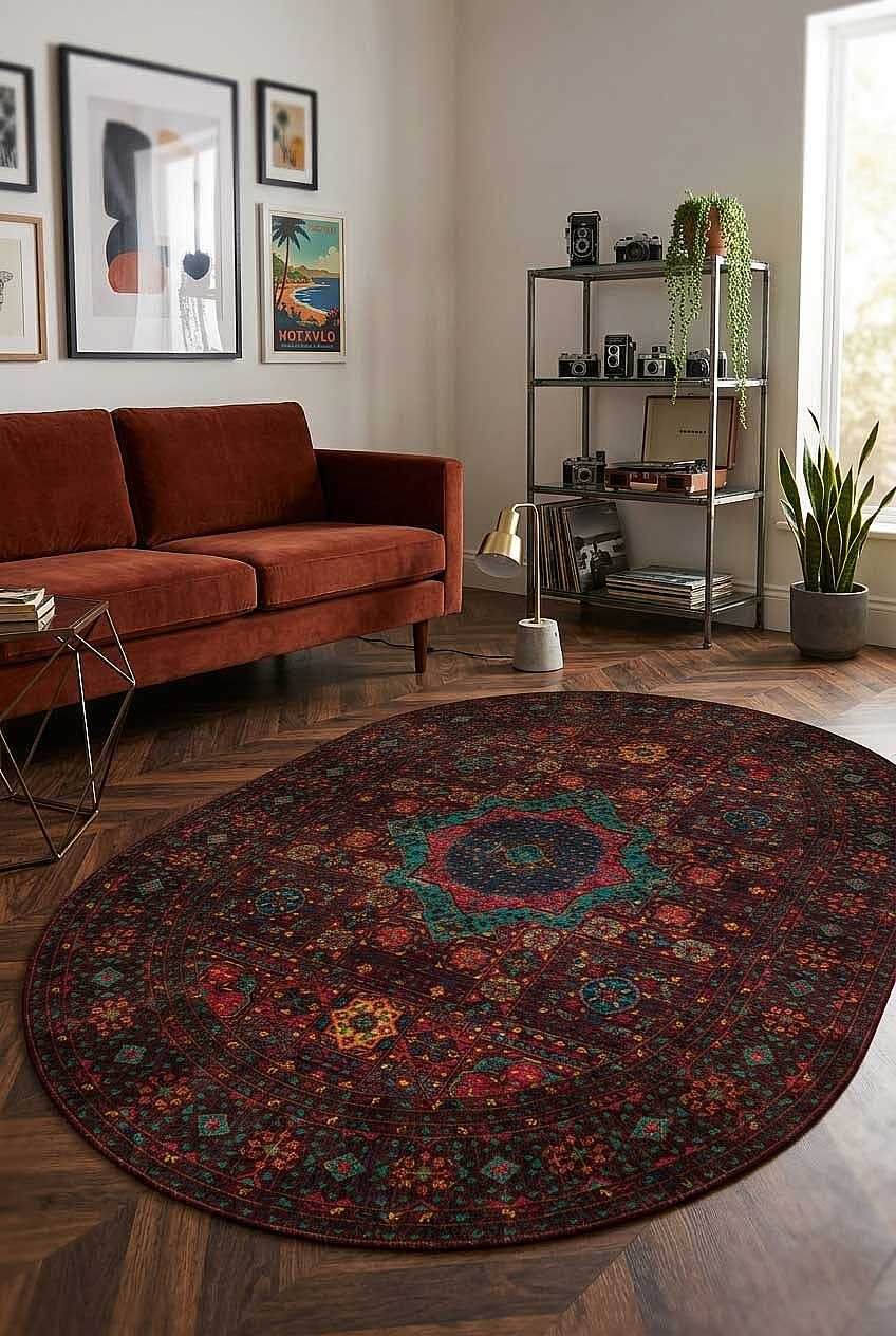Frenda Home Fas Kapısı Desenli Yıkanabilir Pamuk Taban Oval Halı Kahve