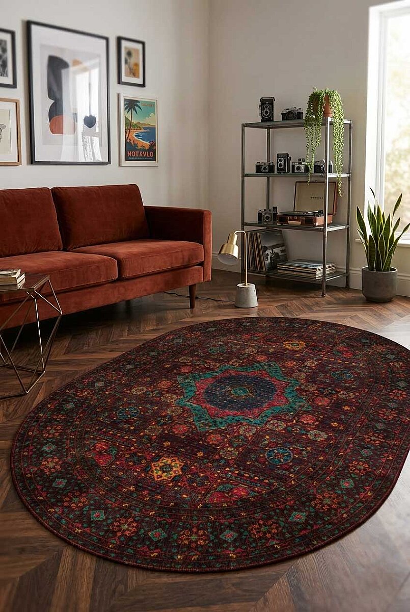 Frenda Home Fas Kapısı Desenli Yıkanabilir Pamuk Taban Oval Halı Kahve - Frenda