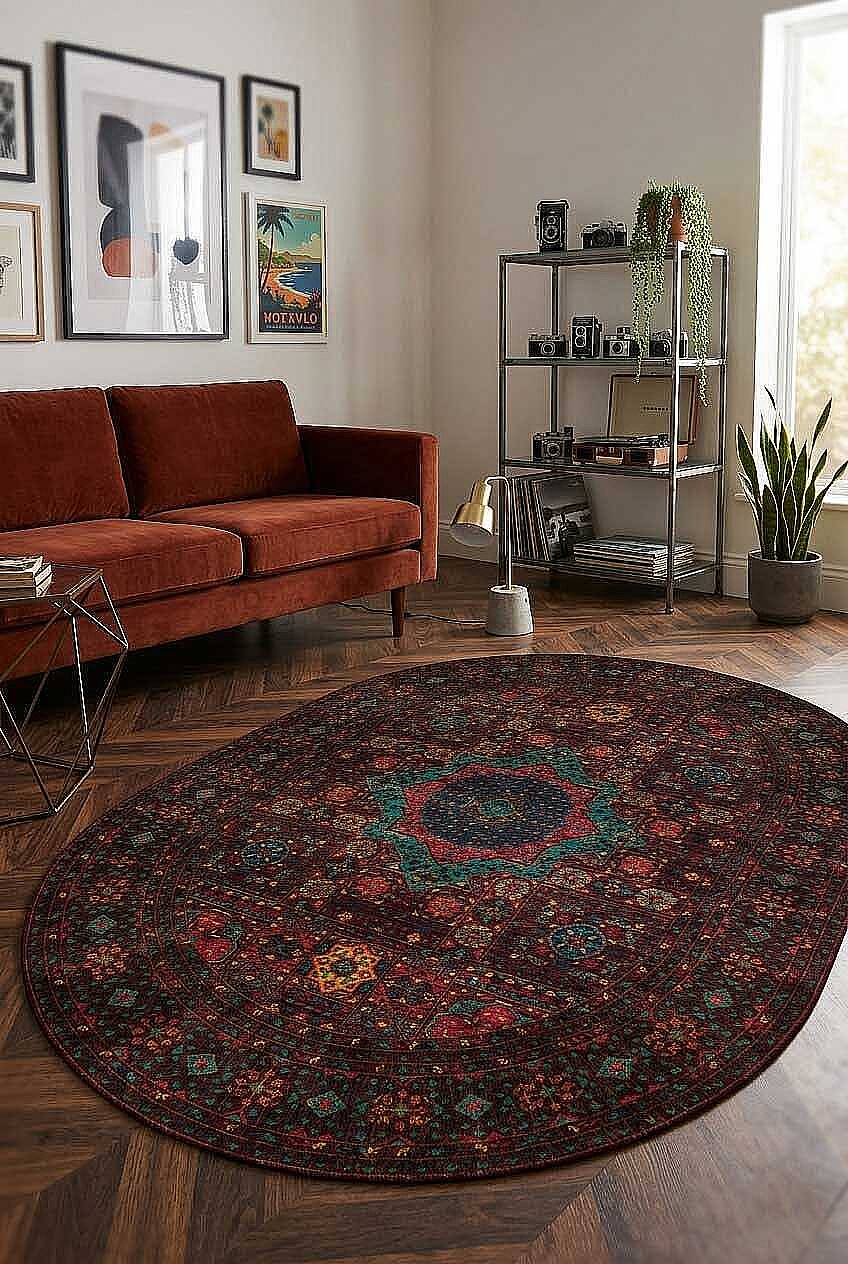 Frenda Home Fas Kapısı Desenli Yıkanabilir Pamuk Taban Oval Halı Kahve - 1