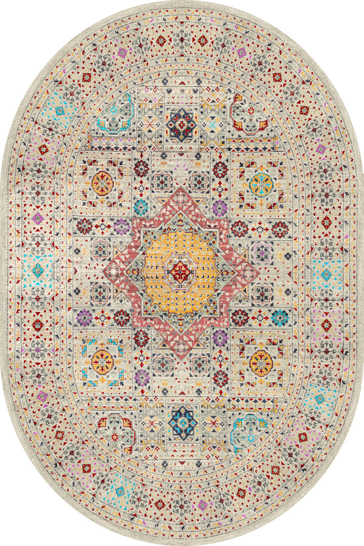 Frenda Home Fas Kapısı Desenli Yıkanabilir Pamuk Taban Oval Halı Krem 