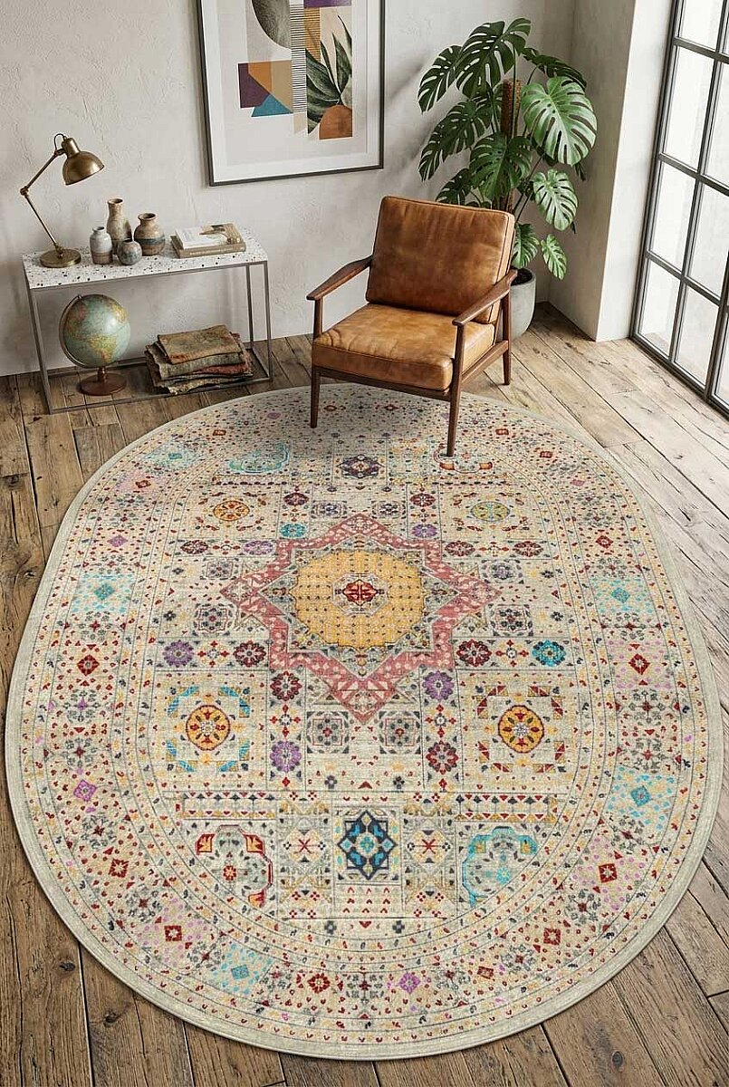 Frenda Home Fas Kapısı Desenli Yıkanabilir Pamuk Taban Oval Halı Krem 