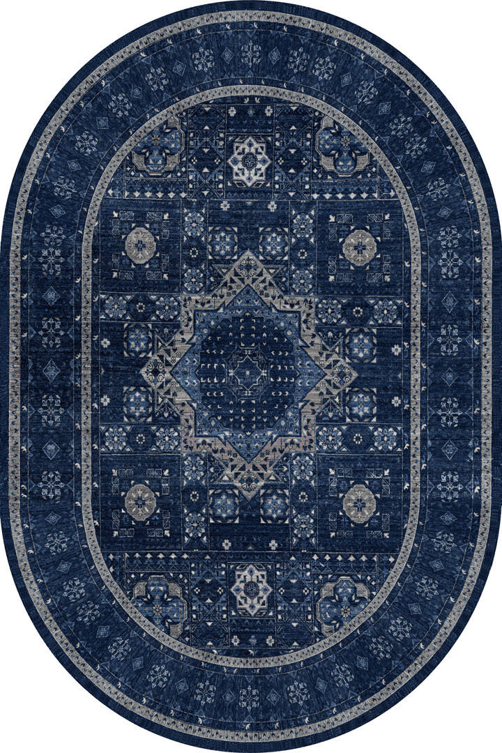 Frenda Home Fas Kapısı Desenli Yıkanabilir Pamuk Taban Oval Halı Lacivert - 1
