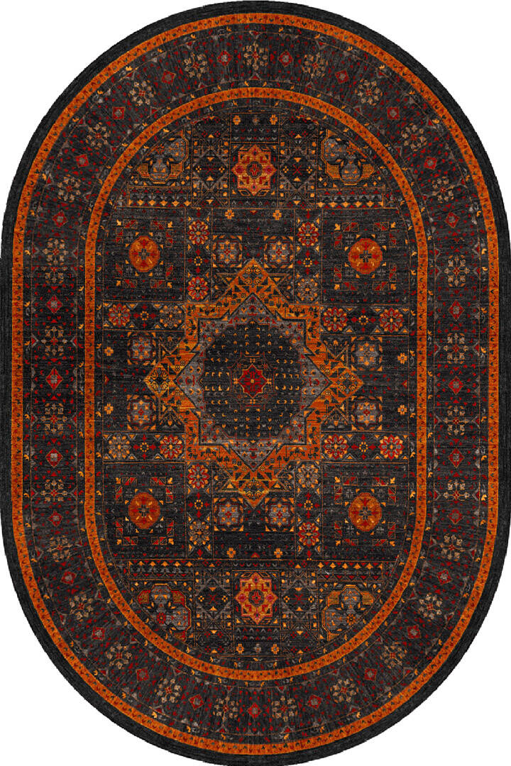 Frenda Home Fas Kapısı Desenli Yıkanabilir Pamuk Taban Oval Halı Turuncu - 1