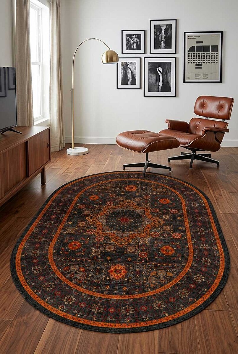 Frenda Home Fas Kapısı Desenli Yıkanabilir Pamuk Taban Oval Halı Turuncu 