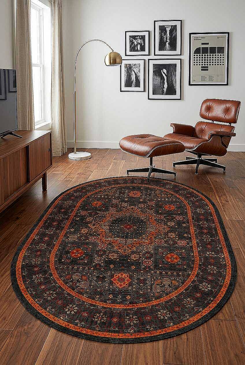 Frenda Home Fas Kapısı Desenli Yıkanabilir Pamuk Taban Oval Halı Turuncu - 1