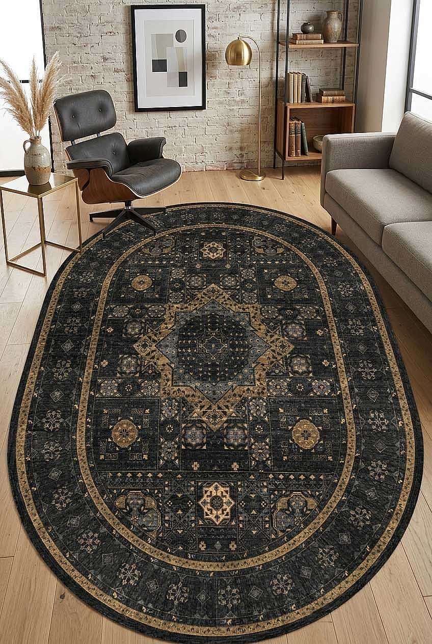 Frenda Home Fas Kapısı Desenli Yıkanabilir Pamuk Taban Oval Halı Vizon