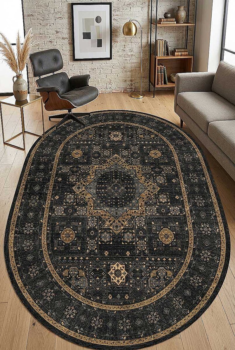 Frenda Home Fas Kapısı Desenli Yıkanabilir Pamuk Taban Oval Halı Vizon 