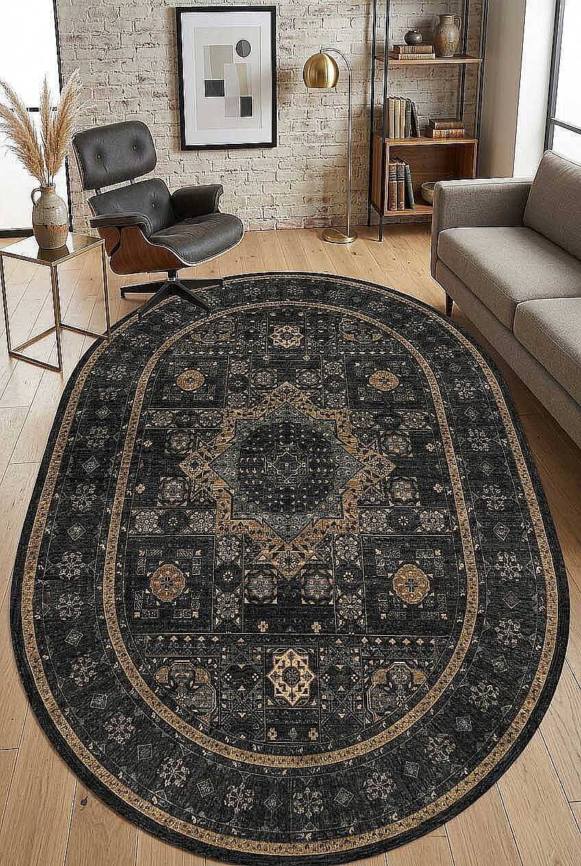 Frenda Home Fas Kapısı Desenli Yıkanabilir Pamuk Taban Oval Halı Vizon - 1
