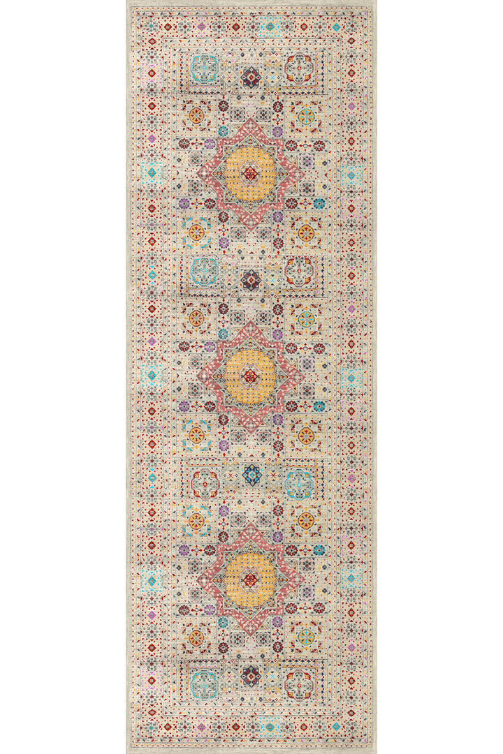 Frenda Home Fas Kapısı Desenli Yıkanabilir Pamuk Taban Özel Kesme Yolluk Halı Krem - 2