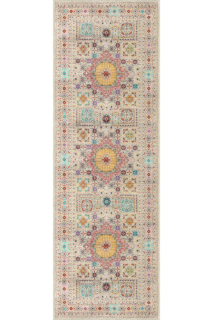 Frenda Home Fas Kapısı Desenli Yıkanabilir Pamuk Taban Özel Kesme Yolluk Halı Krem - 2