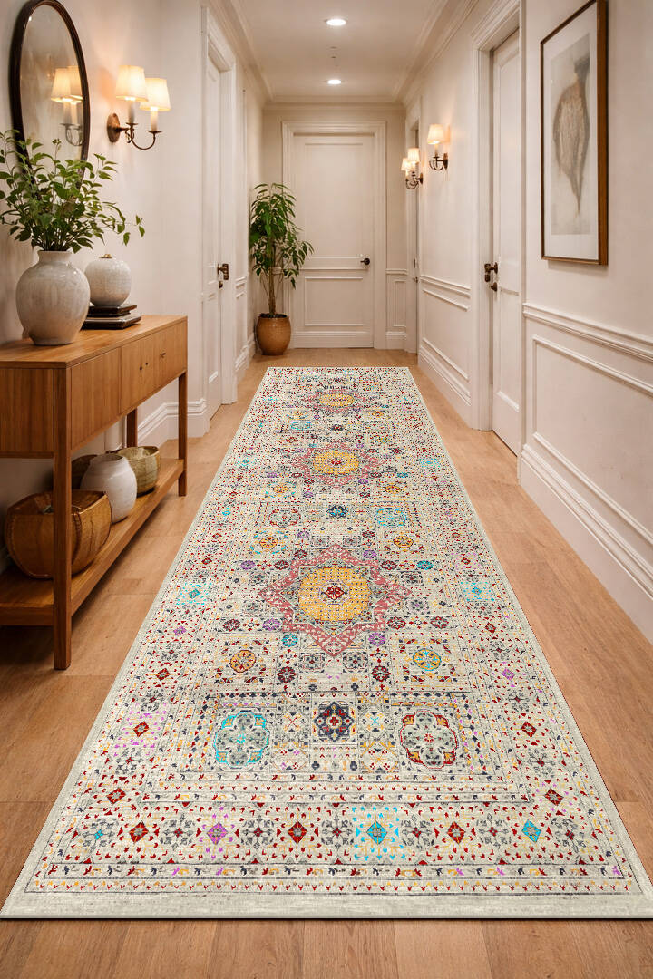 Frenda Home Fas Kapısı Desenli Yıkanabilir Pamuk Taban Özel Kesme Yolluk Halı Krem - 1