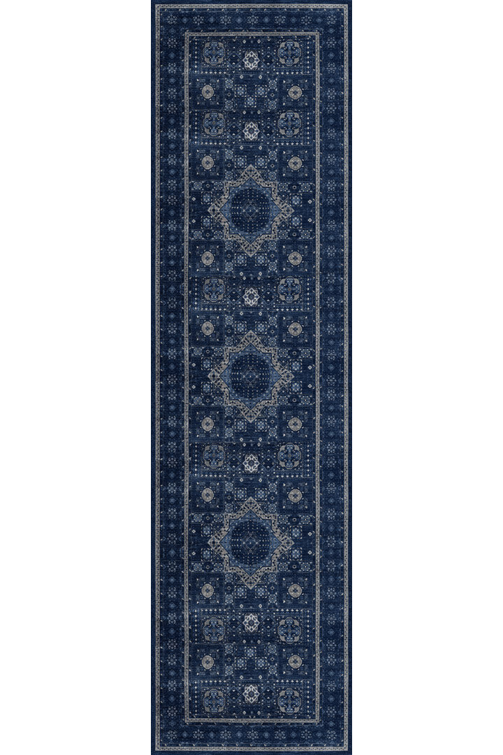 Frenda Home Fas Kapısı Desenli Yıkanabilir Pamuk Taban Özel Kesme Yolluk Halı Lacivert - Frenda (1)