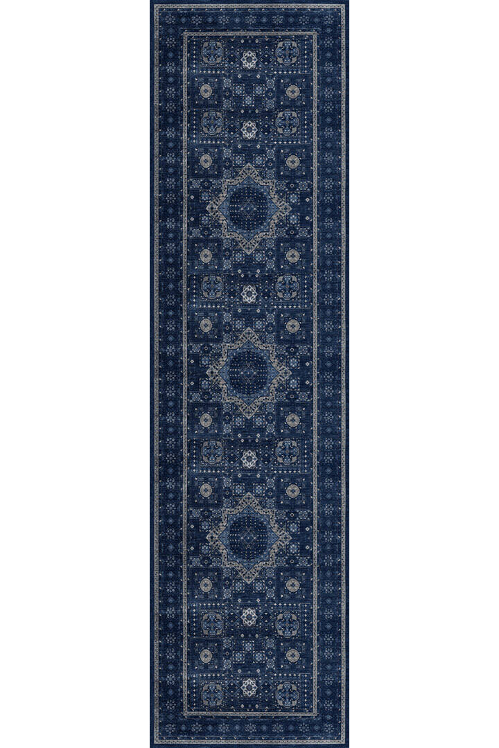 Frenda Home Fas Kapısı Desenli Yıkanabilir Pamuk Taban Özel Kesme Yolluk Halı Lacivert - 2