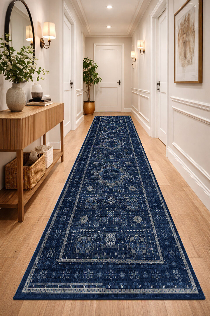 Frenda Home Fas Kapısı Desenli Yıkanabilir Pamuk Taban Özel Kesme Yolluk Halı Lacivert - Frenda