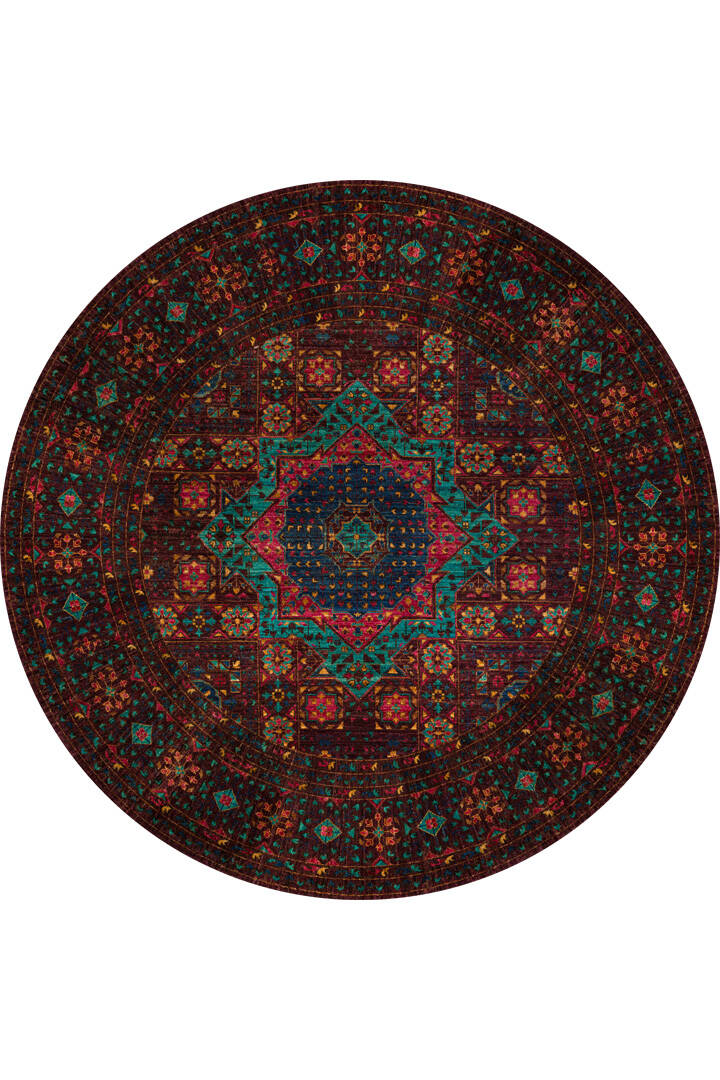 Frenda Home Fas Kapısı Desenli Yıkanabilir Pamuk Taban Yuvarlak Halı Kahve - 1