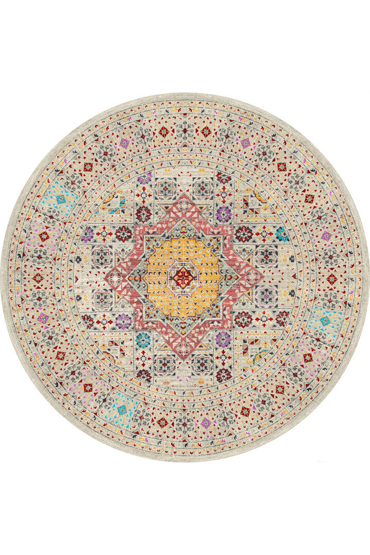 Frenda Home Fas Kapısı Desenli Yıkanabilir Pamuk Taban Yuvarlak Halı Krem - 1