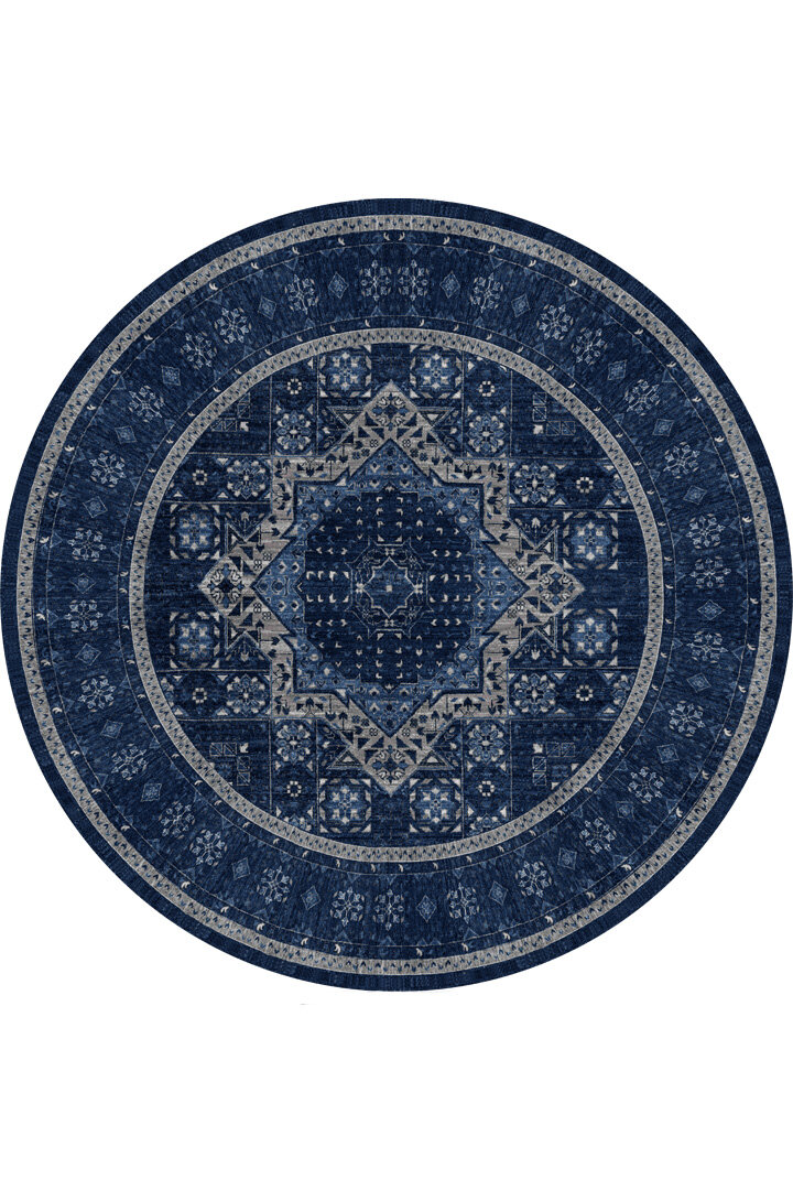 Frenda Home Fas Kapısı Desenli Yıkanabilir Pamuk Taban Yuvarlak Halı Lacivert 