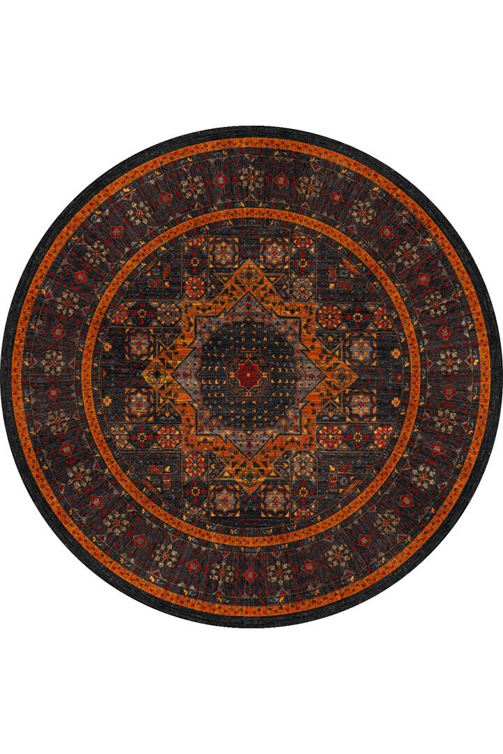 Frenda Home Fas Kapısı Desenli Yıkanabilir Pamuk Taban Yuvarlak Halı Turuncu - 1