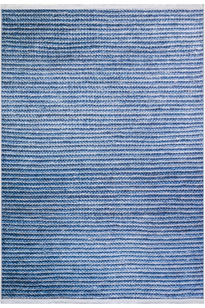 Frenda Home Hasır Görünümlü Pamuk Taban Dijital Baskılı Dekoratif Halı Mavi 