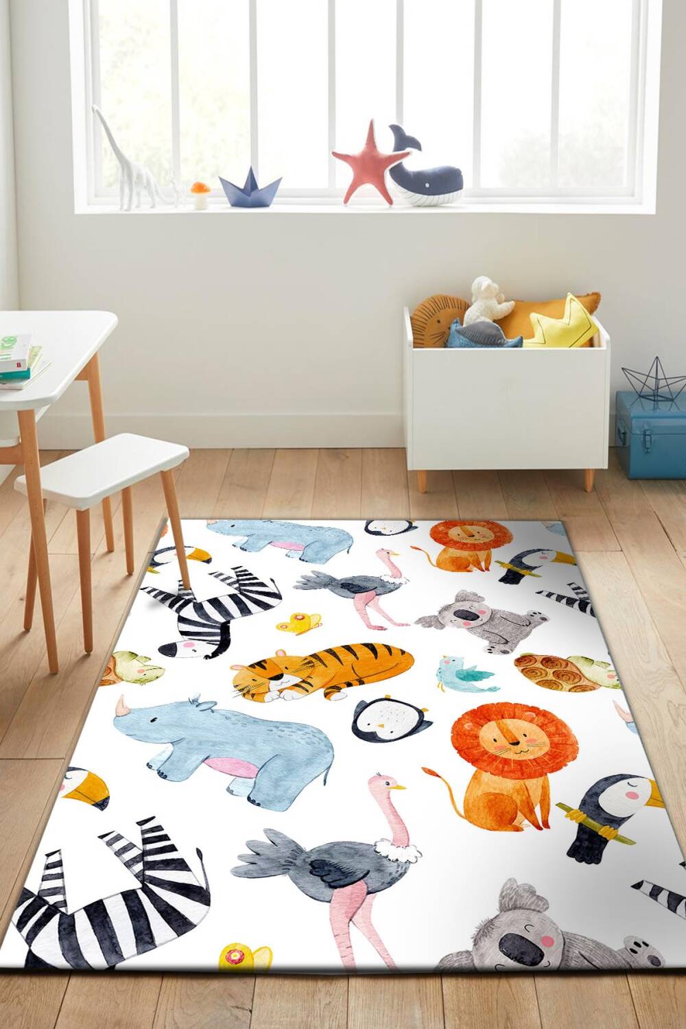 Frenda Home Hayvanlar Alemi Desenli Pamuk Taban Baskılı Anaokulu ve Kreş Halısı - 1