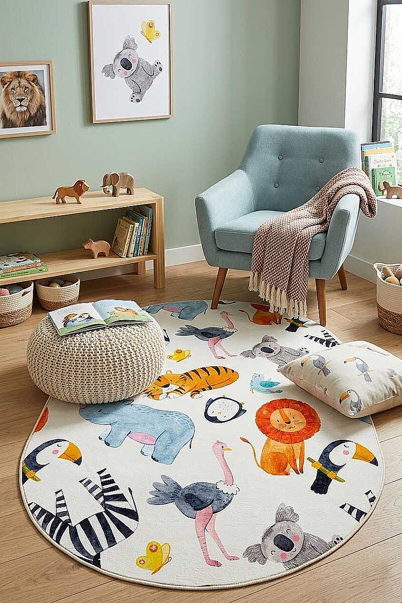 Frenda Home Hayvanlar Alemi Desenli Pamuk Taban Baskılı Anaokulu ve Oval Kreş Halısı 
