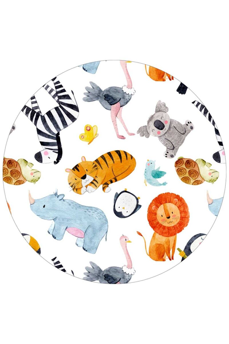 Frenda Home Hayvanlar Alemi Desenli Pamuk Taban Baskılı Yuvarlak Anaokulu ve Kreş Halısı - Frenda