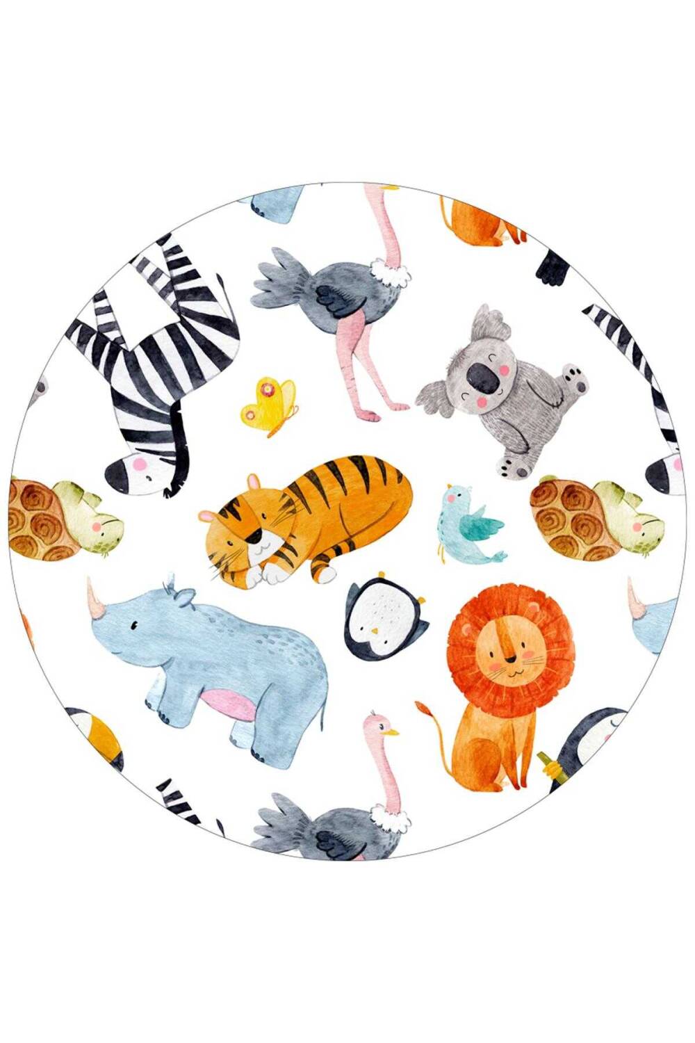 Frenda Home Hayvanlar Alemi Desenli Pamuk Taban Baskılı Yuvarlak Anaokulu ve Kreş Halısı - 1
