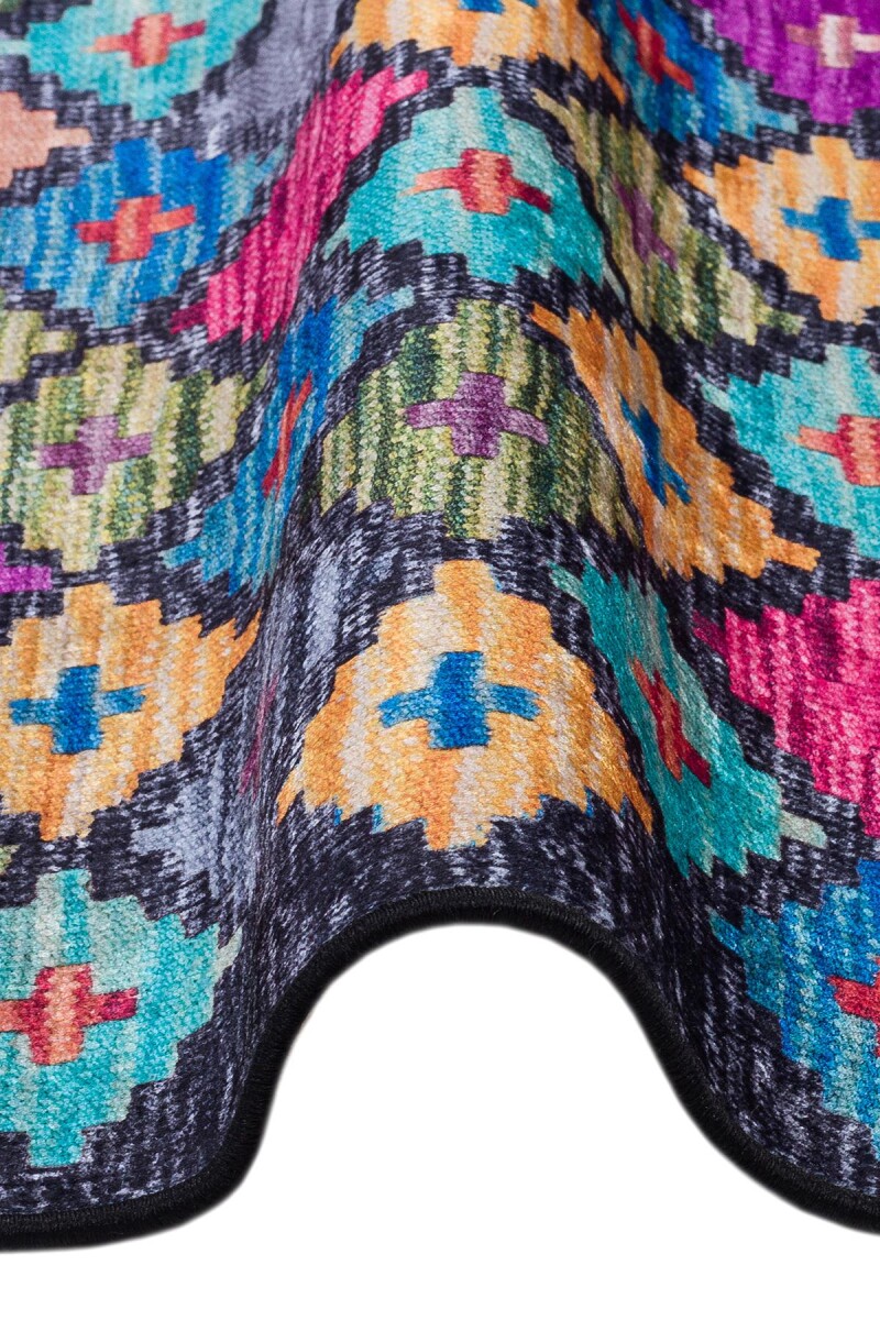 Frenda Home Kilim Desen Pamuk Taban Baskılı Halı Siyah - 3