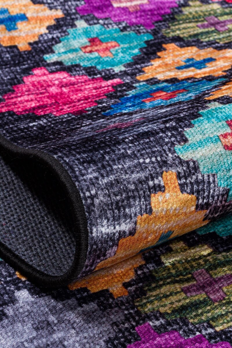 Frenda Home Kilim Desen Pamuk Taban Baskılı Halı Siyah - 4